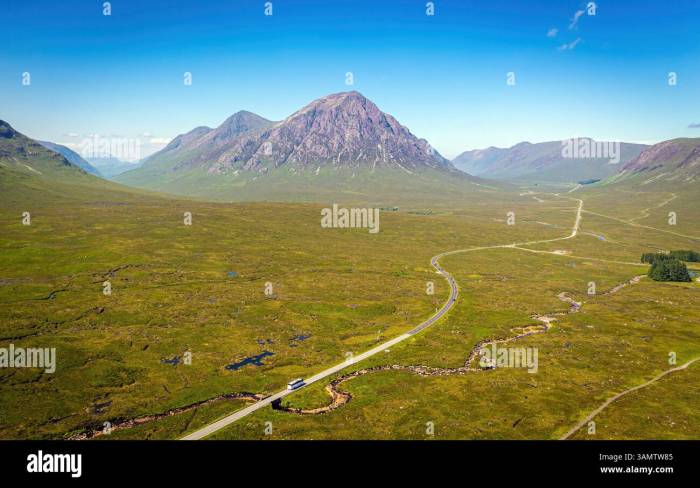 Aerial view of Buachaille Etive Mor mountain with road and valley ... Aerial view of Buachaille Etive Mor mountain with road and valley ...